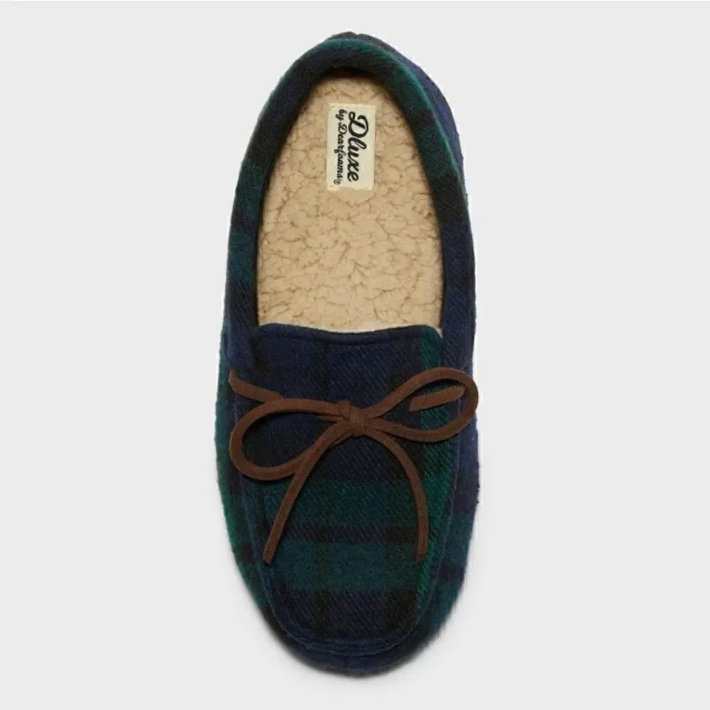 NEW! Dluxe by Dearfoams Braydon
Moccasin Kids Slippers, Green Plaid - Picture 3 of 7